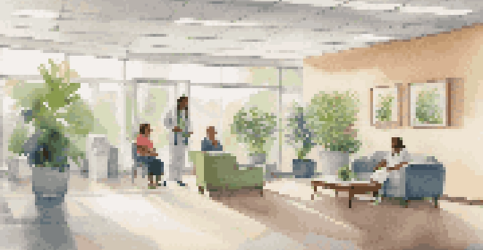 A welcoming medical clinic with a friendly healthcare provider and a patient at the reception, surrounded by plants and natural lighting.