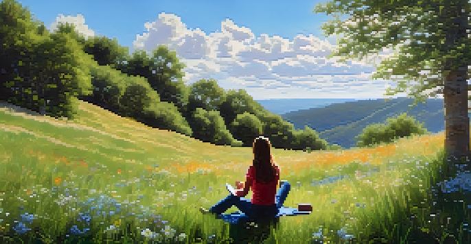 A person sitting on a grassy hillside journaling, surrounded by wildflowers and trees under a blue sky.