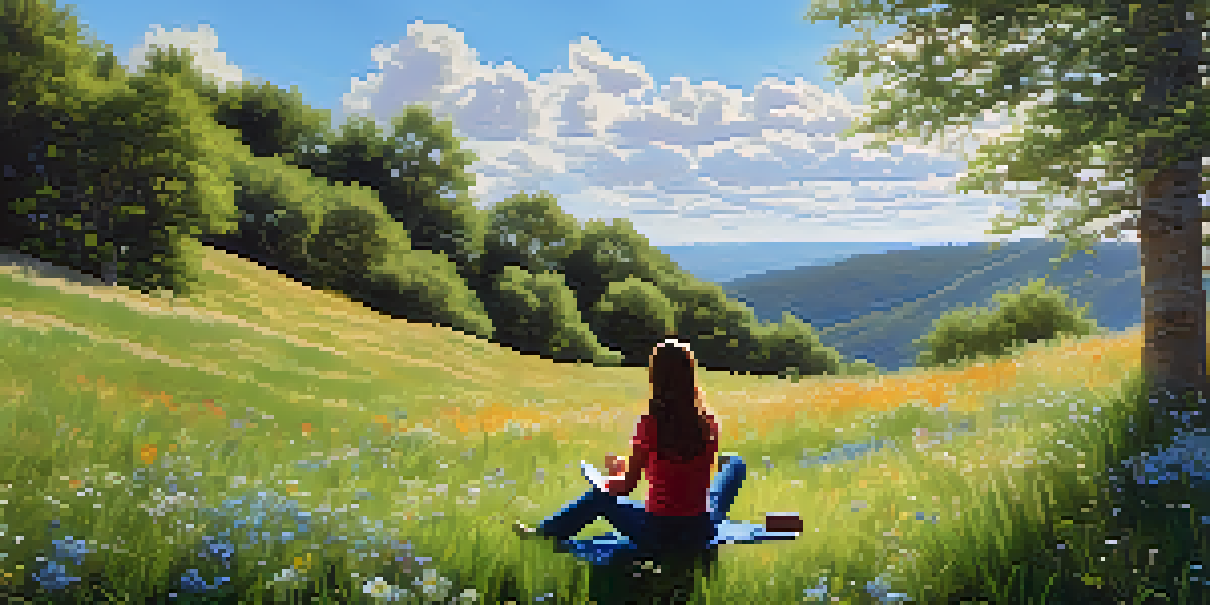 A person sitting on a grassy hillside journaling, surrounded by wildflowers and trees under a blue sky.