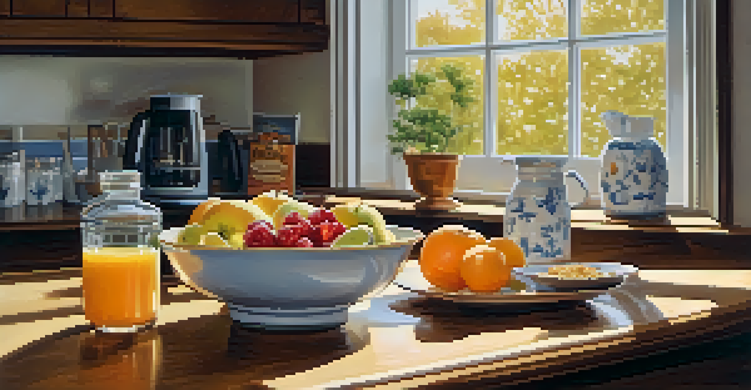 A healthy breakfast with oatmeal, fresh fruits, orange juice, and vitamin D supplements in a sunlit kitchen.