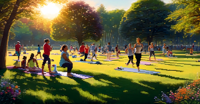 A diverse group of people enjoying outdoor activities in a park at sunset, with warm light filtering through trees and colorful flowers.