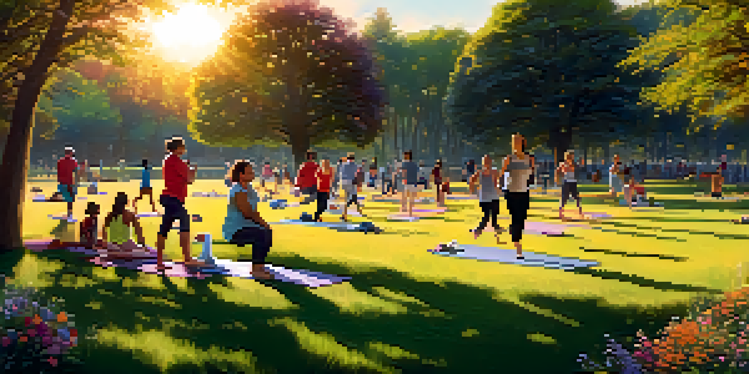 A diverse group of people enjoying outdoor activities in a park at sunset, with warm light filtering through trees and colorful flowers.