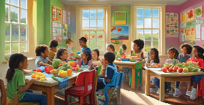 A classroom with children exploring fruits and vegetables during a nutrition lesson, with bright colors and educational posters in the background.