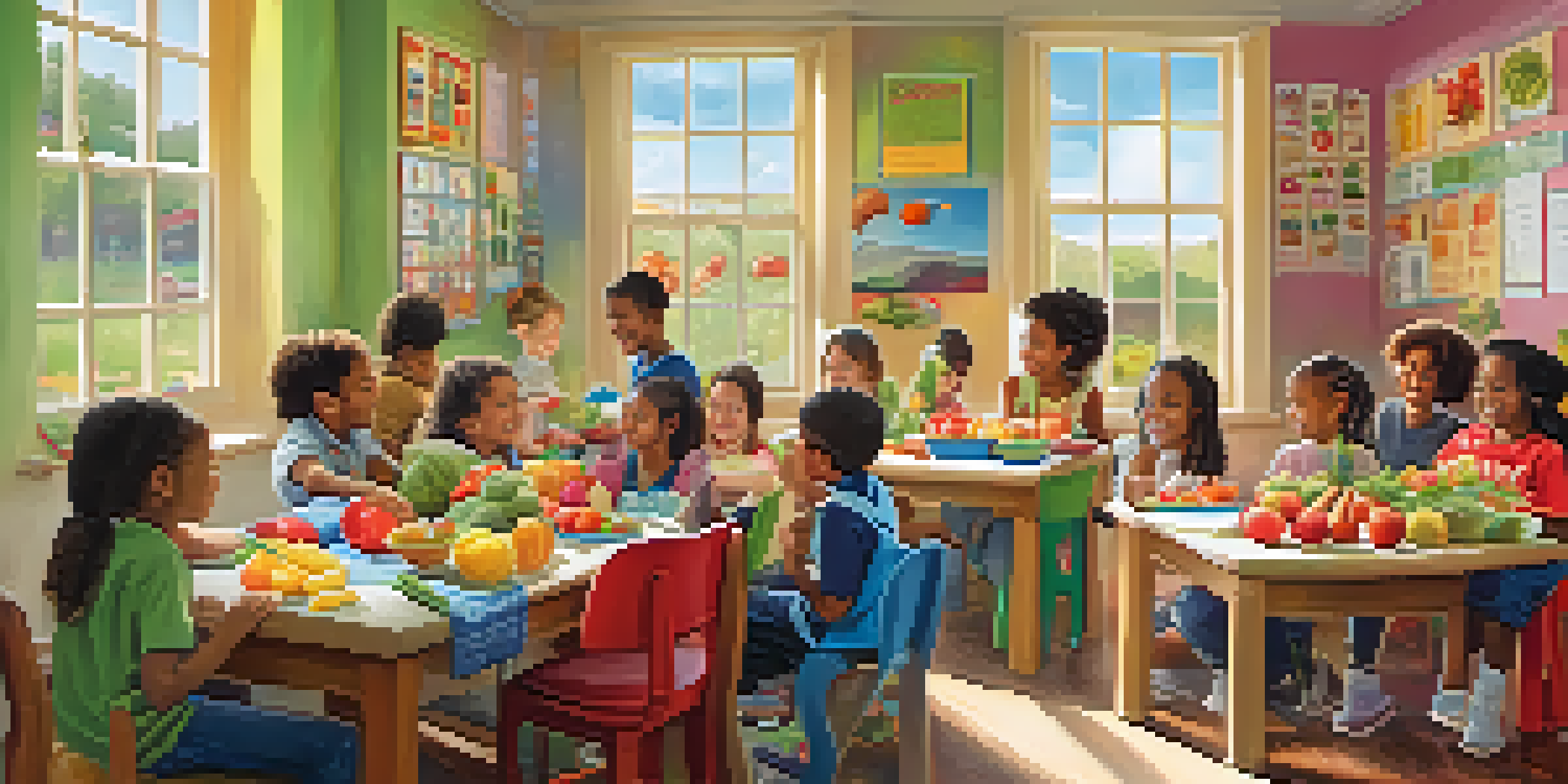 A classroom with children exploring fruits and vegetables during a nutrition lesson, with bright colors and educational posters in the background.
