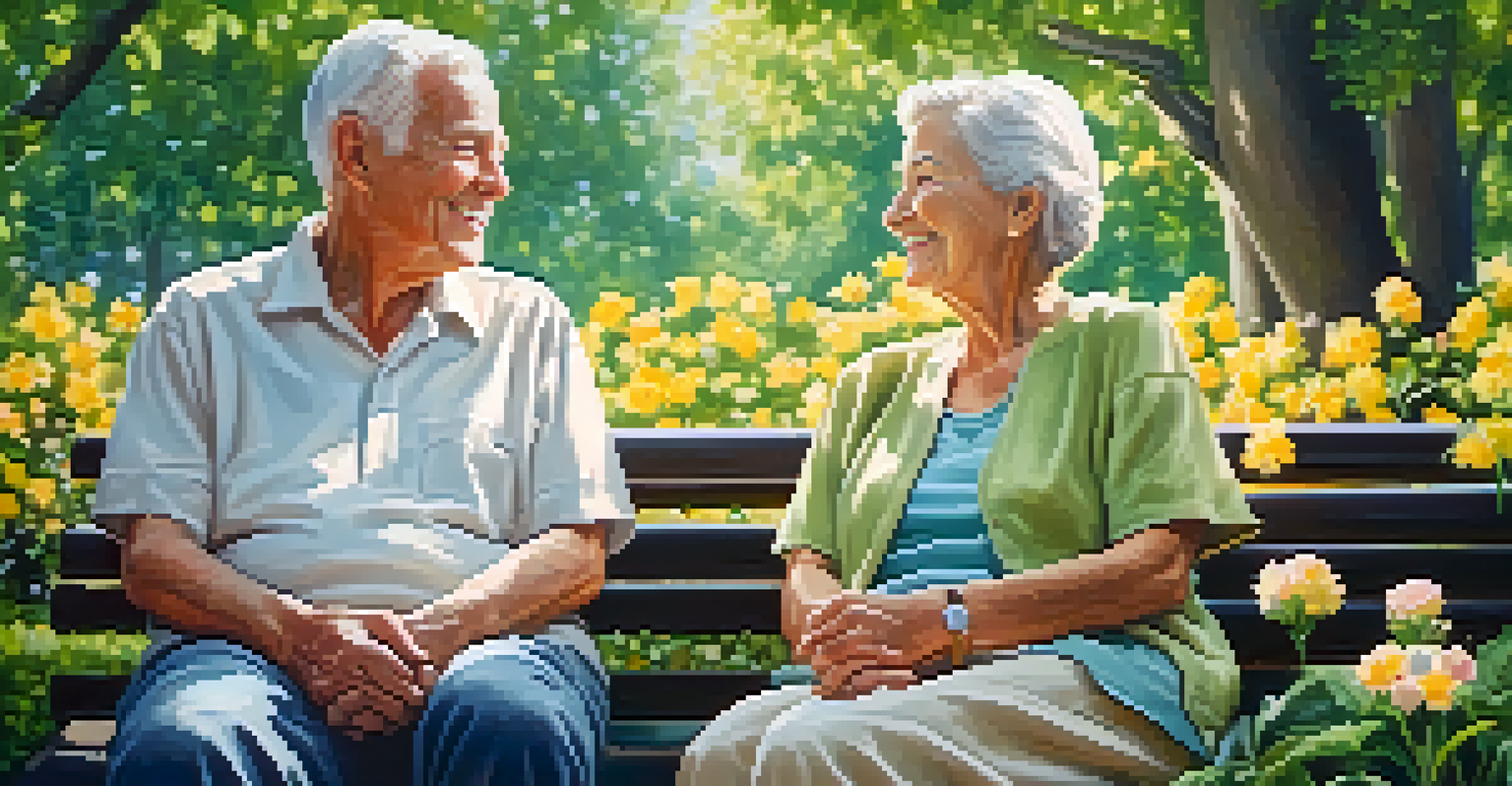 An elderly couple happily sitting on a bench in a park, holding hands, surrounded by flowers and trees in soft sunlight.