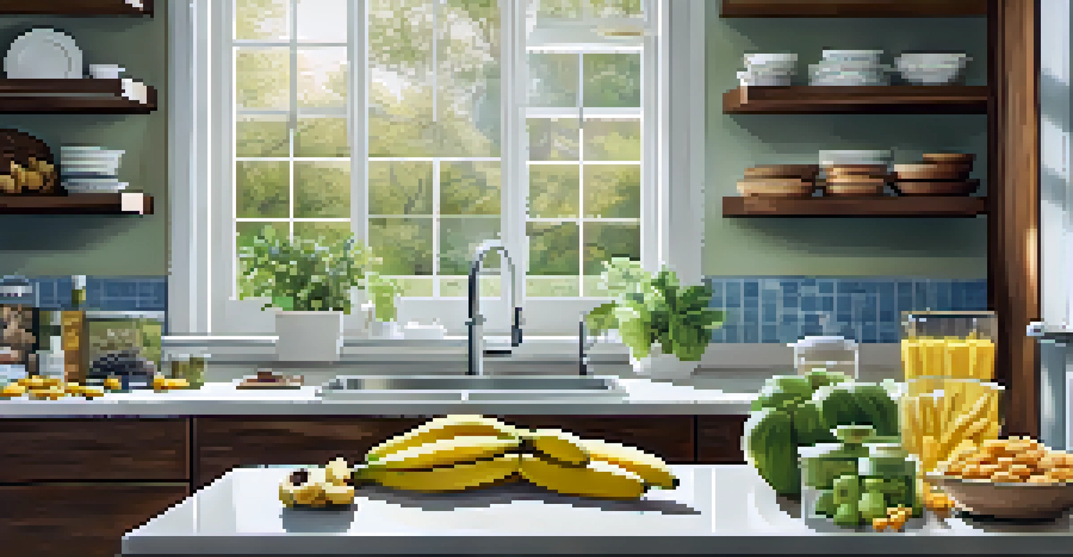 A tidy kitchen with healthy snacks like bananas and almonds, emphasizing nutrition for better sleep.