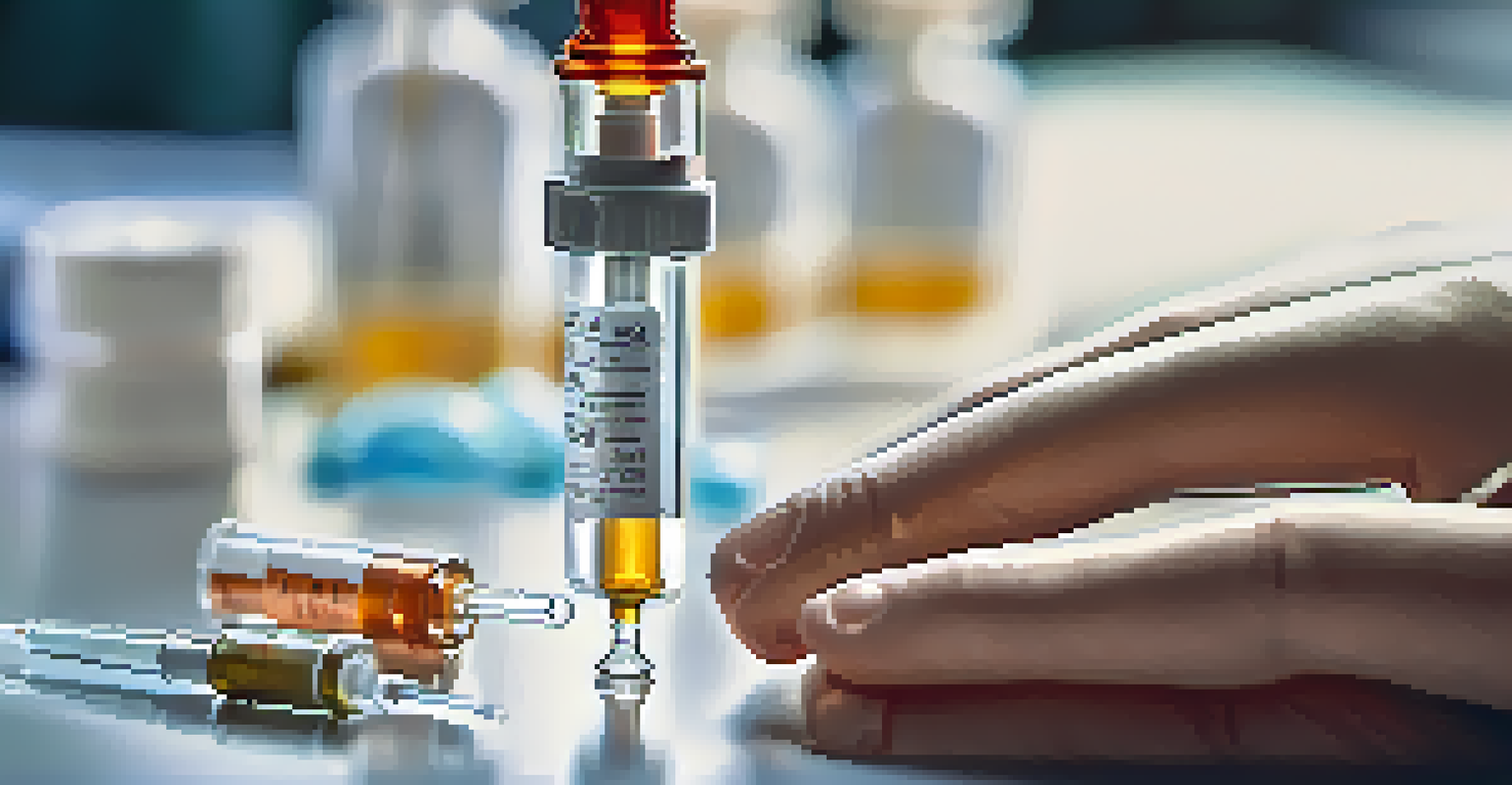 A close-up of a hand holding a vaccine syringe, with a healthcare professional in the background preparing for vaccination.