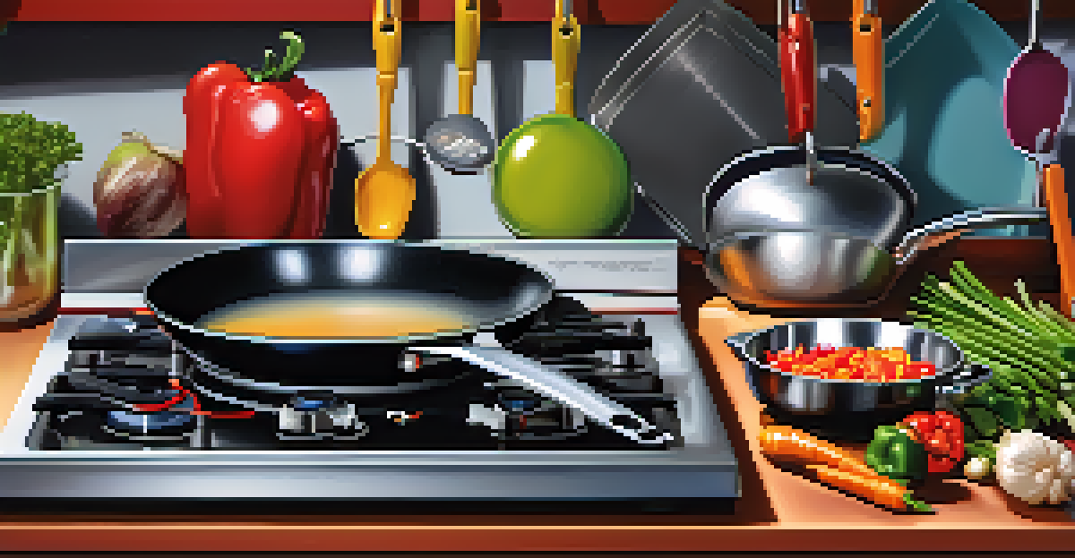 A modern kitchen with a non-stick frying pan sizzling with vegetables, accompanied by measuring tools in a bright and inviting atmosphere.