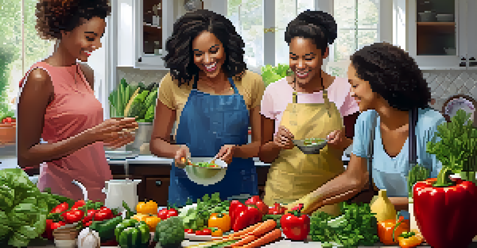 A group of friends cooking together in a colorful kitchen, filled with fresh vegetables and a joyful atmosphere.