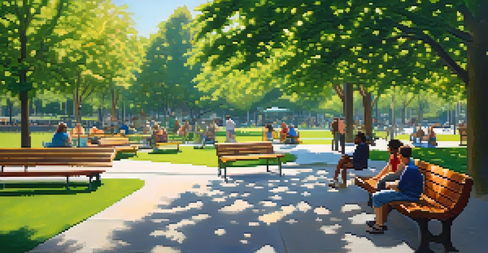 A peaceful park filled with people engaging in conversations under the sun, surrounded by trees and flowers.