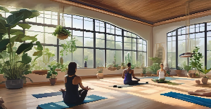 A diverse group of individuals practicing yoga in a bright and serene studio filled with plants and natural light.
