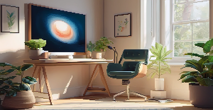 A peaceful office environment with a computer, a plant, and calming decor, illuminated by soft natural light.