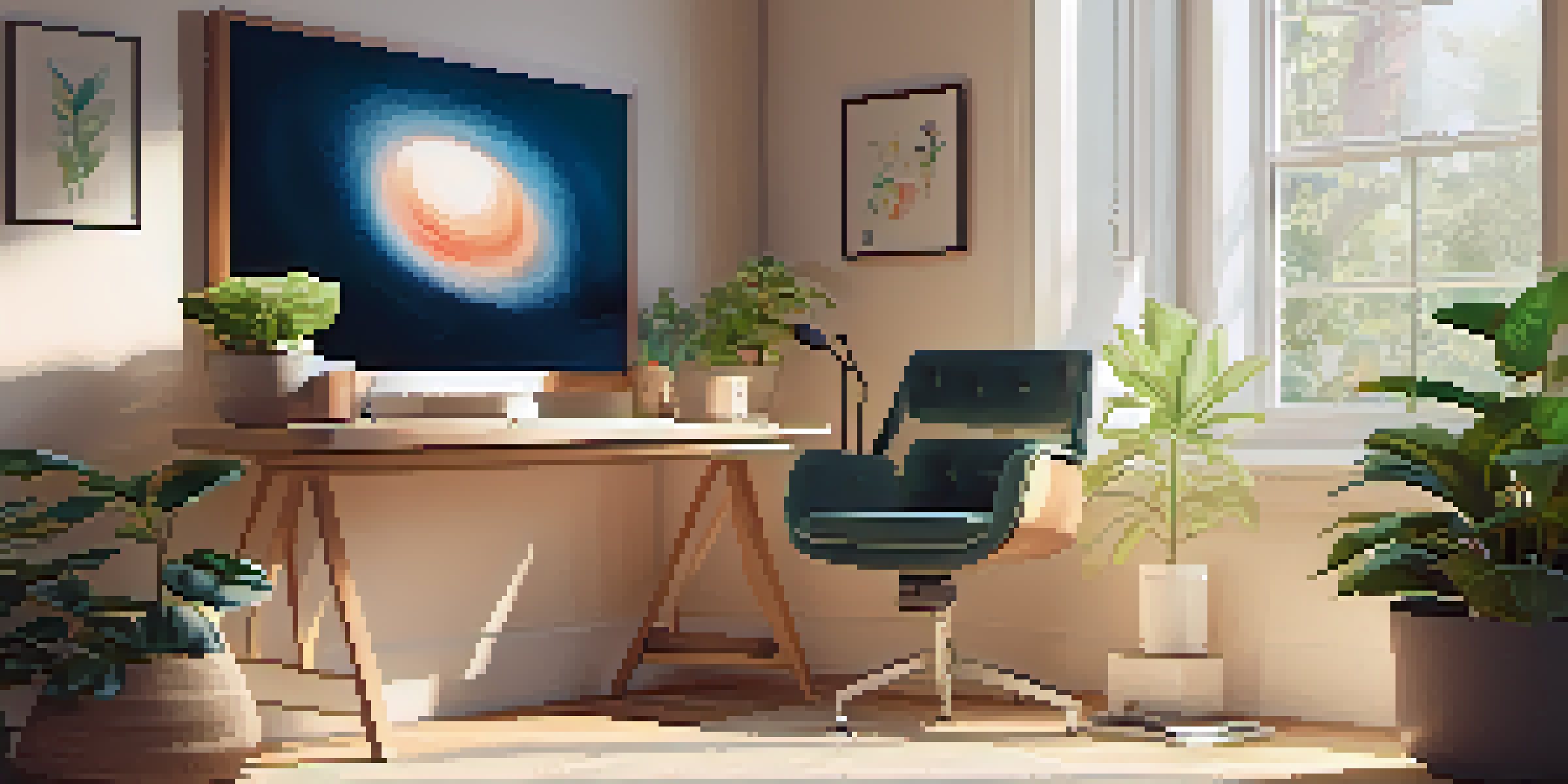 A peaceful office environment with a computer, a plant, and calming decor, illuminated by soft natural light.