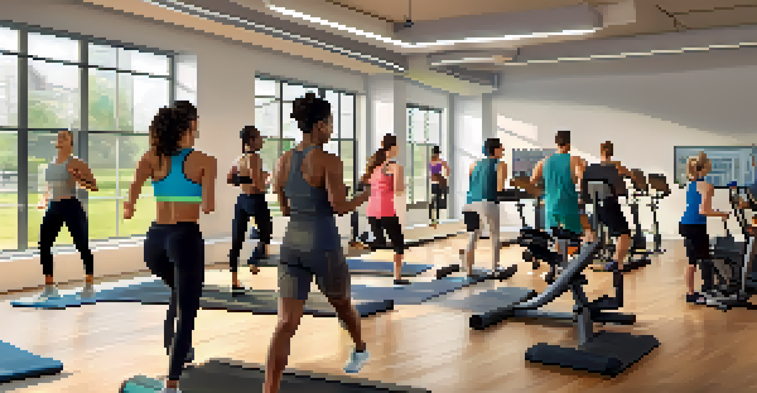A virtual training session with diverse participants following an instructor on a screen, surrounded by exercise equipment.