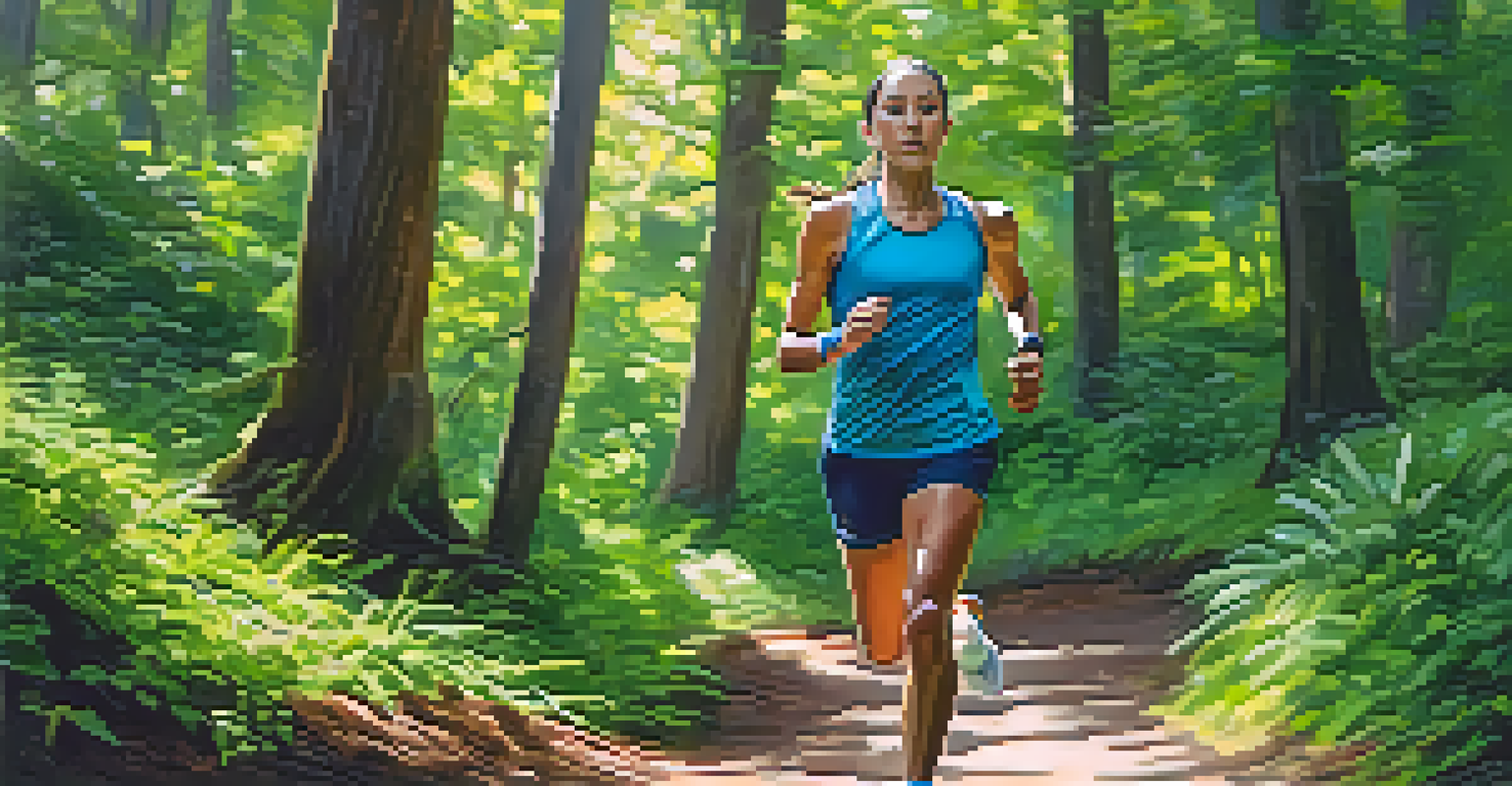 An athlete running on a trail surrounded by greenery, with a water bottle in the foreground.
