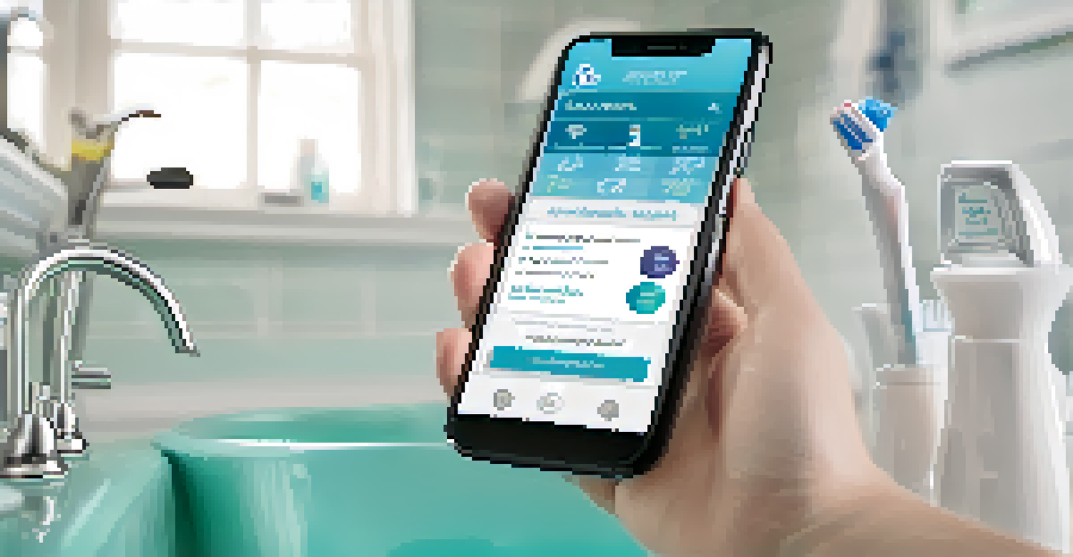 A close-up of a smartphone showing a dental health app with reminders, set against a blurred background of a bathroom sink.