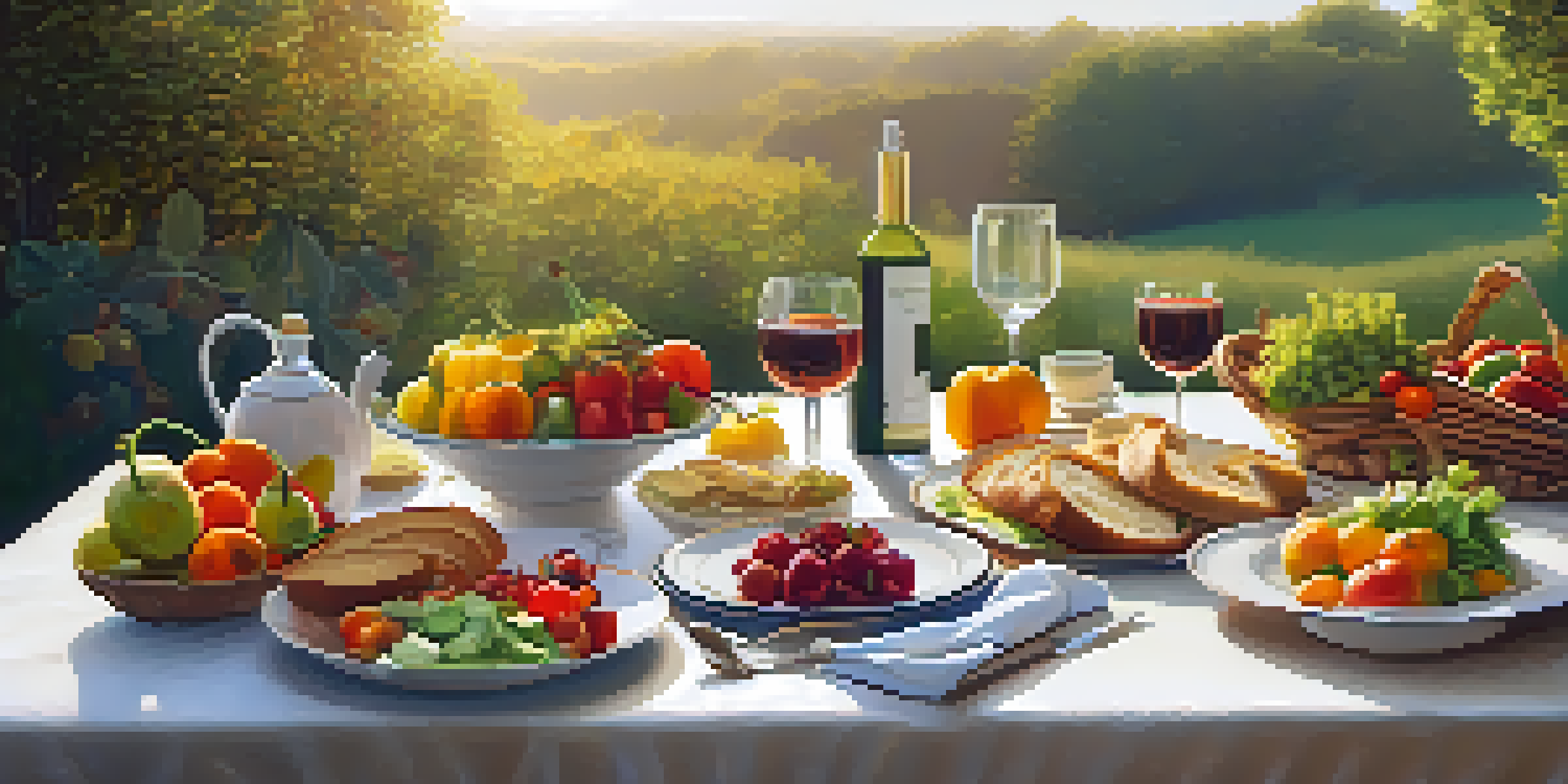 An outdoor dining table filled with fresh vegetables, fruits, and bread, illuminated by warm golden hour light.