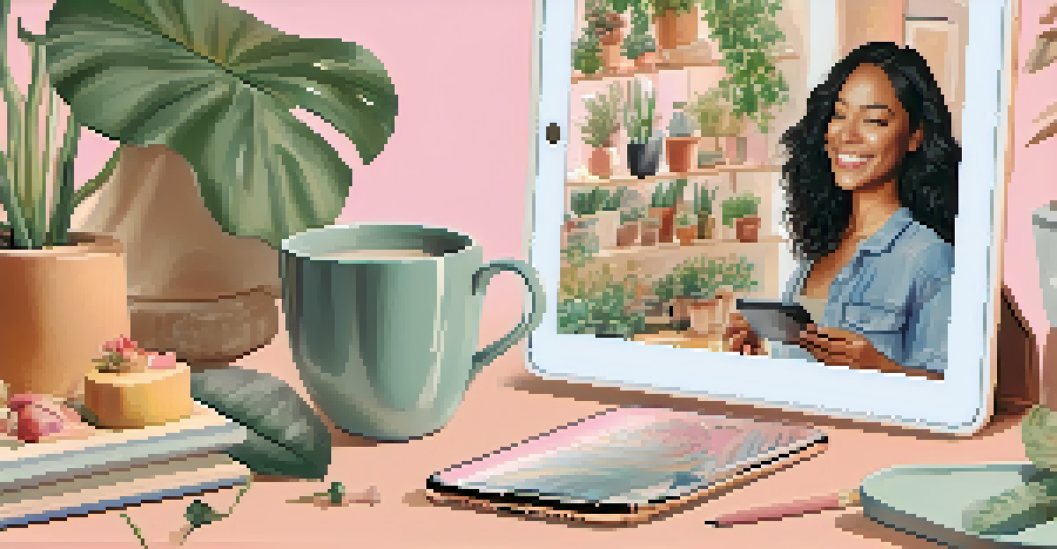 A tablet displaying a social media feed with positive body image messages and diverse images of women in a cozy setting.