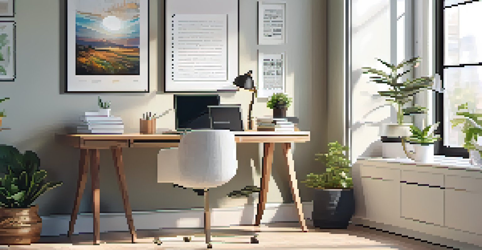 A well-organized workspace with a laptop, motivational quotes, and a plant, illuminated by natural light.