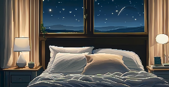 A cozy bedroom at night, featuring a comfortable bed and a smartphone on the nightstand, with a starry sky visible through the window.