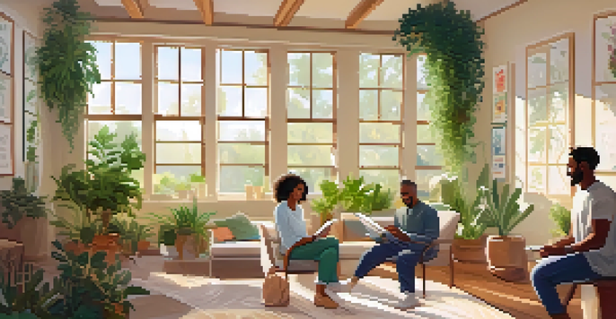 A wellness coaching session in a bright room with plants, featuring a smiling coach and client discussing progress.