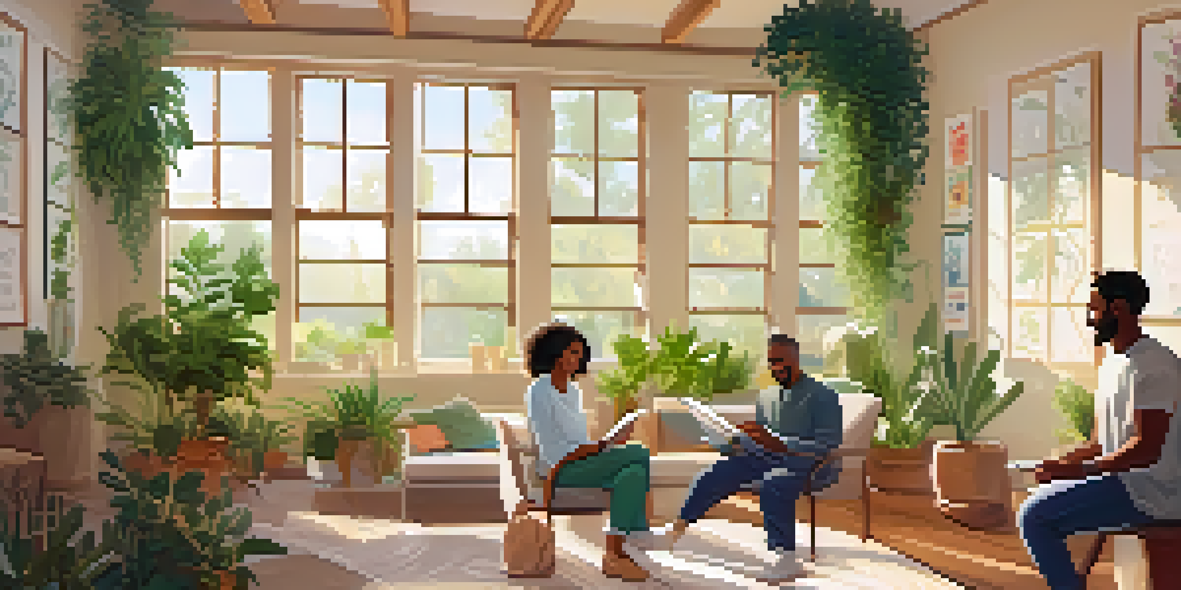 A wellness coaching session in a bright room with plants, featuring a smiling coach and client discussing progress.