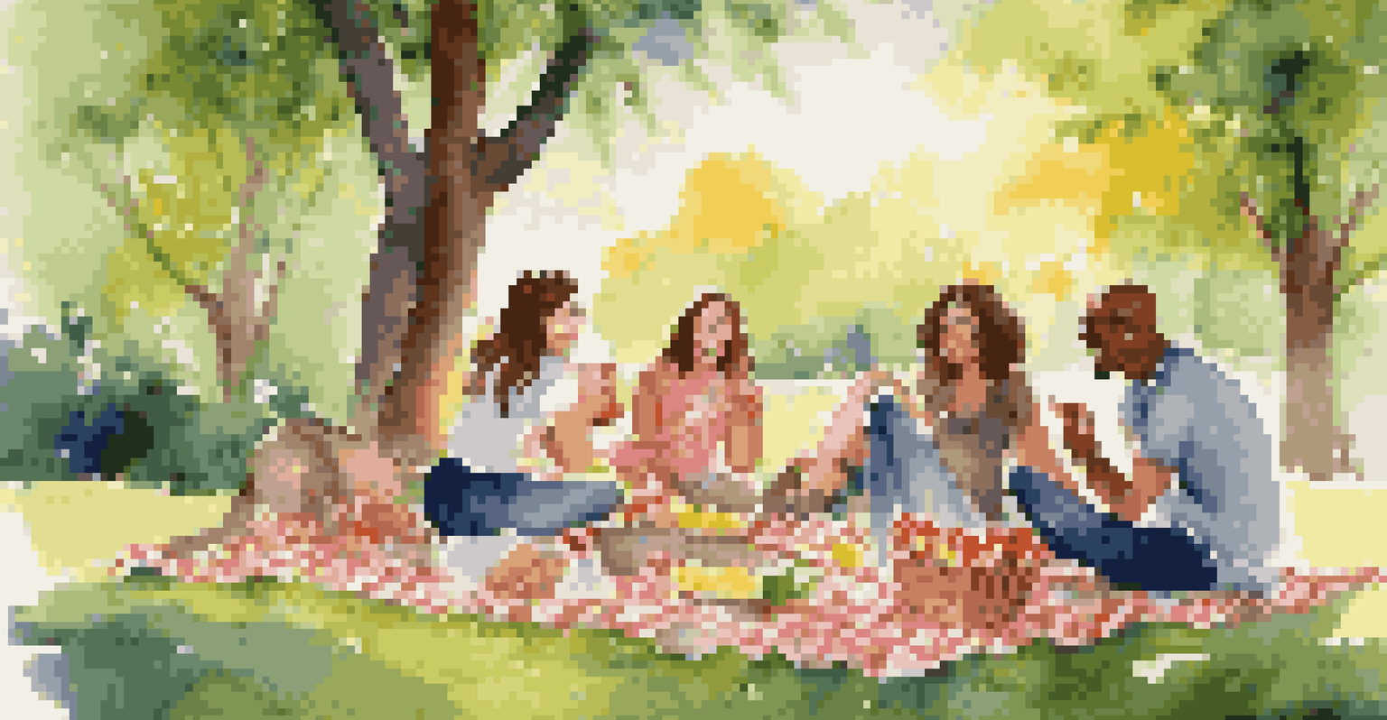 A group of friends enjoying a picnic in a sunny park, surrounded by trees and flowers, sharing snacks and laughter.