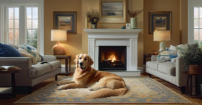 A golden retriever resting on a rug in a cozy living room with a fireplace, while a person pets the dog, creating a warm and peaceful atmosphere.