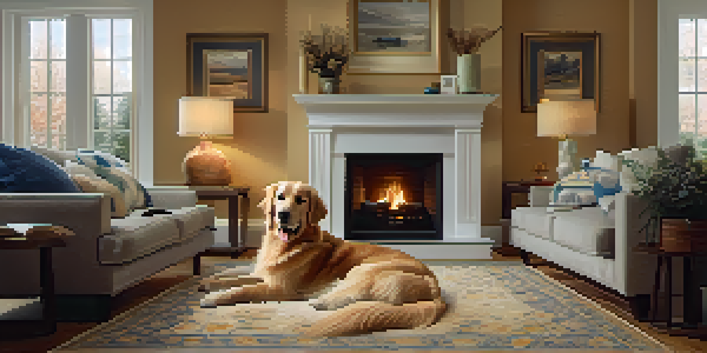 A golden retriever resting on a rug in a cozy living room with a fireplace, while a person pets the dog, creating a warm and peaceful atmosphere.