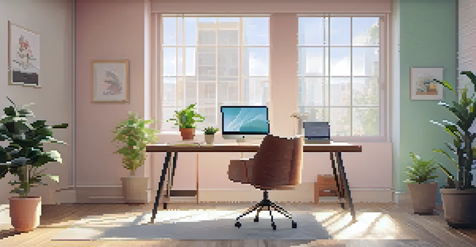 A bright and inviting office space with a wooden desk, laptop, potted plant, and motivational poster, illuminated by natural light from a large window.