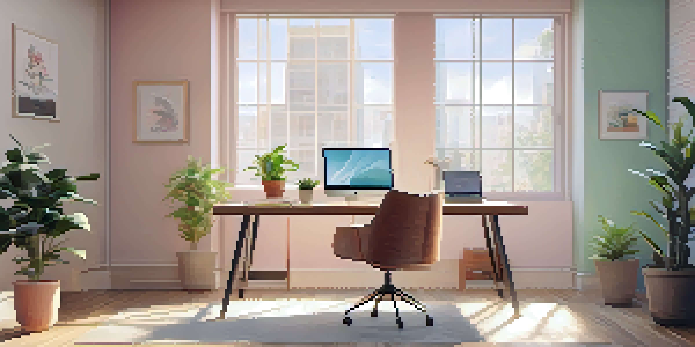 A bright and inviting office space with a wooden desk, laptop, potted plant, and motivational poster, illuminated by natural light from a large window.