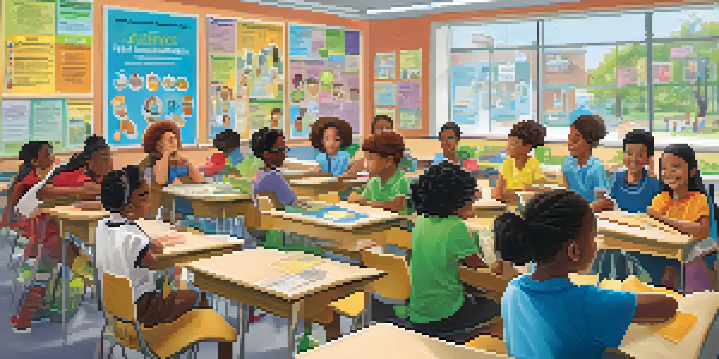 A colorful classroom with diverse students discussing food allergies, educational posters on the walls, and a teacher demonstrating safety practices.