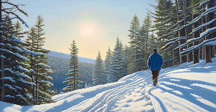 A person walking on a snow-covered path in a winter landscape with pine trees and sunlight filtering through the branches.