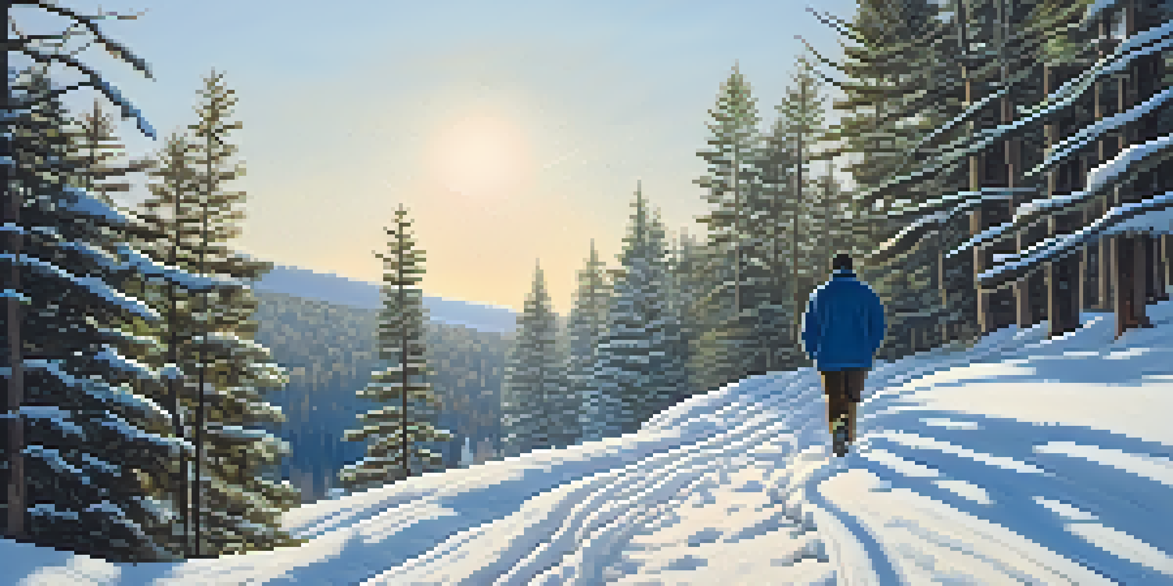 A person walking on a snow-covered path in a winter landscape with pine trees and sunlight filtering through the branches.