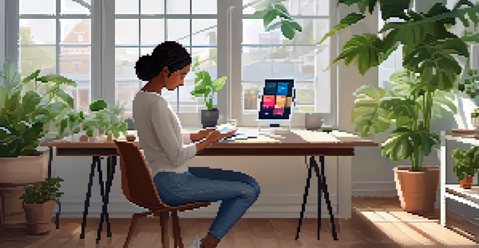 A woman in a bright workspace checking her reproductive health app on a smartphone, with plants and a notebook around her.