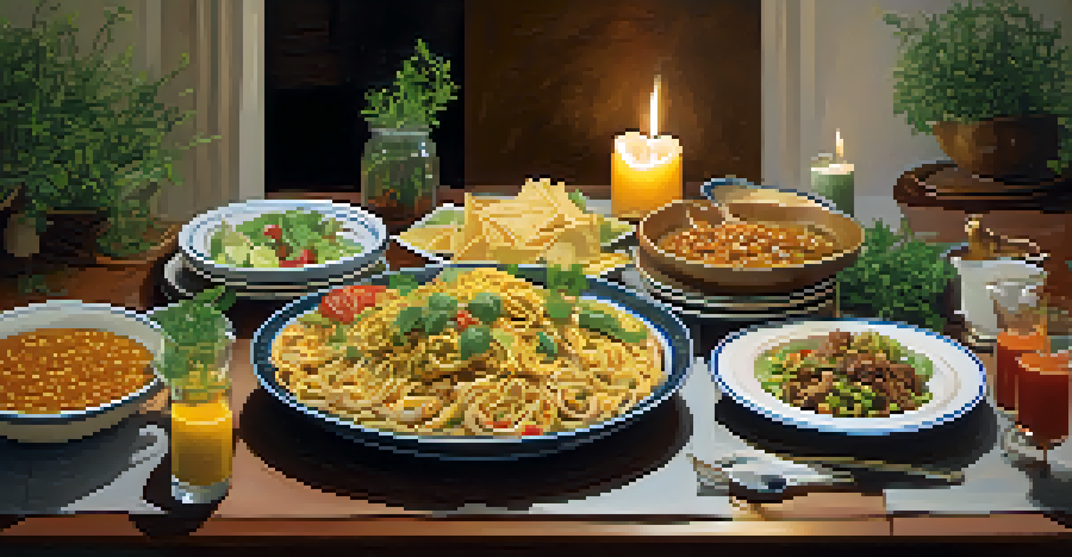 A dining table beautifully set with various international dishes, showcasing the theme of mindful eating and culinary variety.