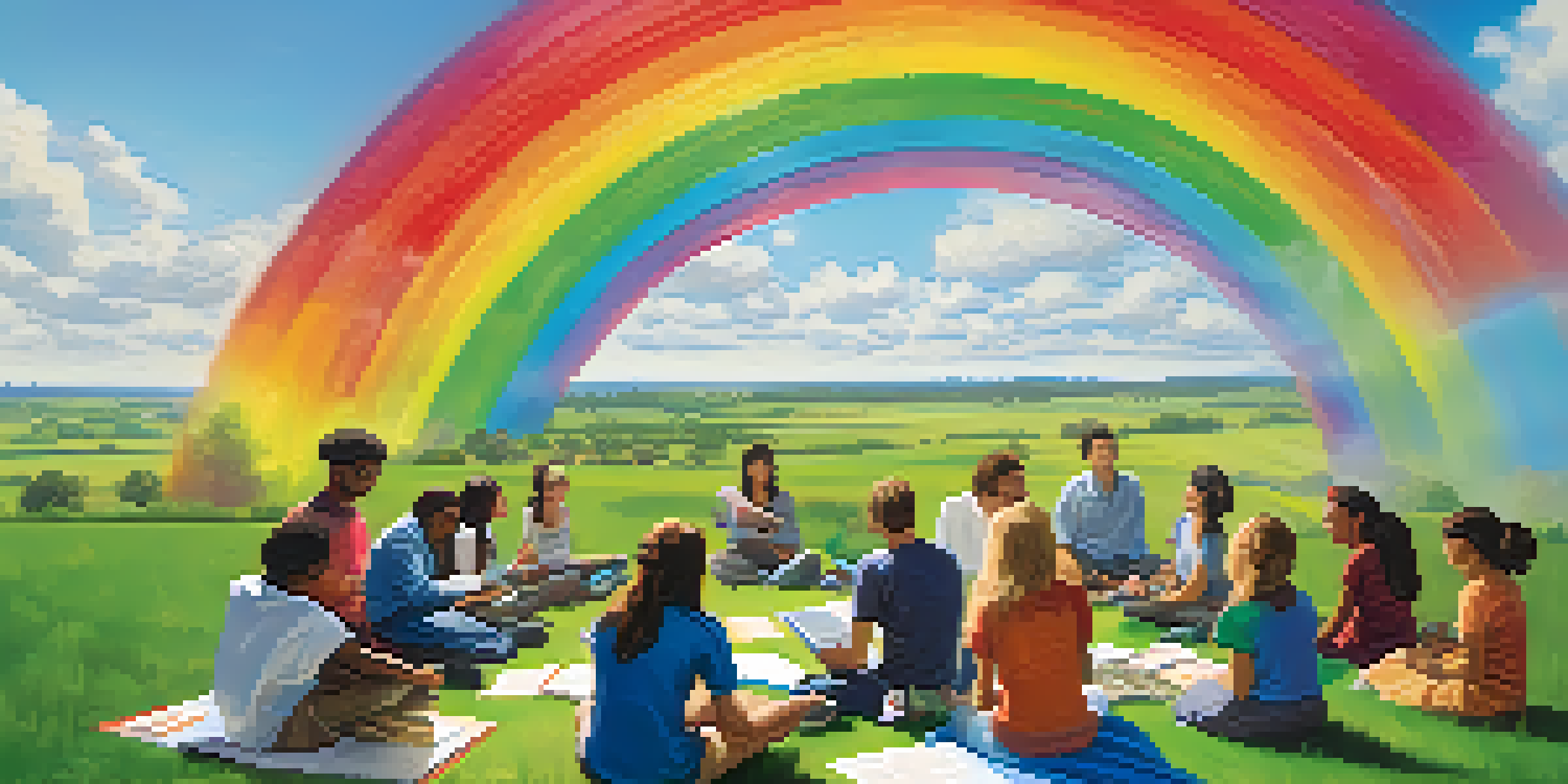 A group of diverse people sitting on a blanket in a green field, surrounded by books and laptops, with a rainbow in the sky.