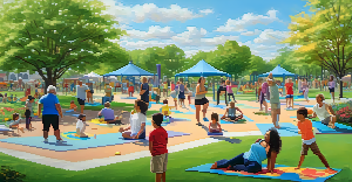 A lively community park with people of different ages participating in activities like yoga and jogging, surrounded by colorful flowers and trees under a sunny sky.