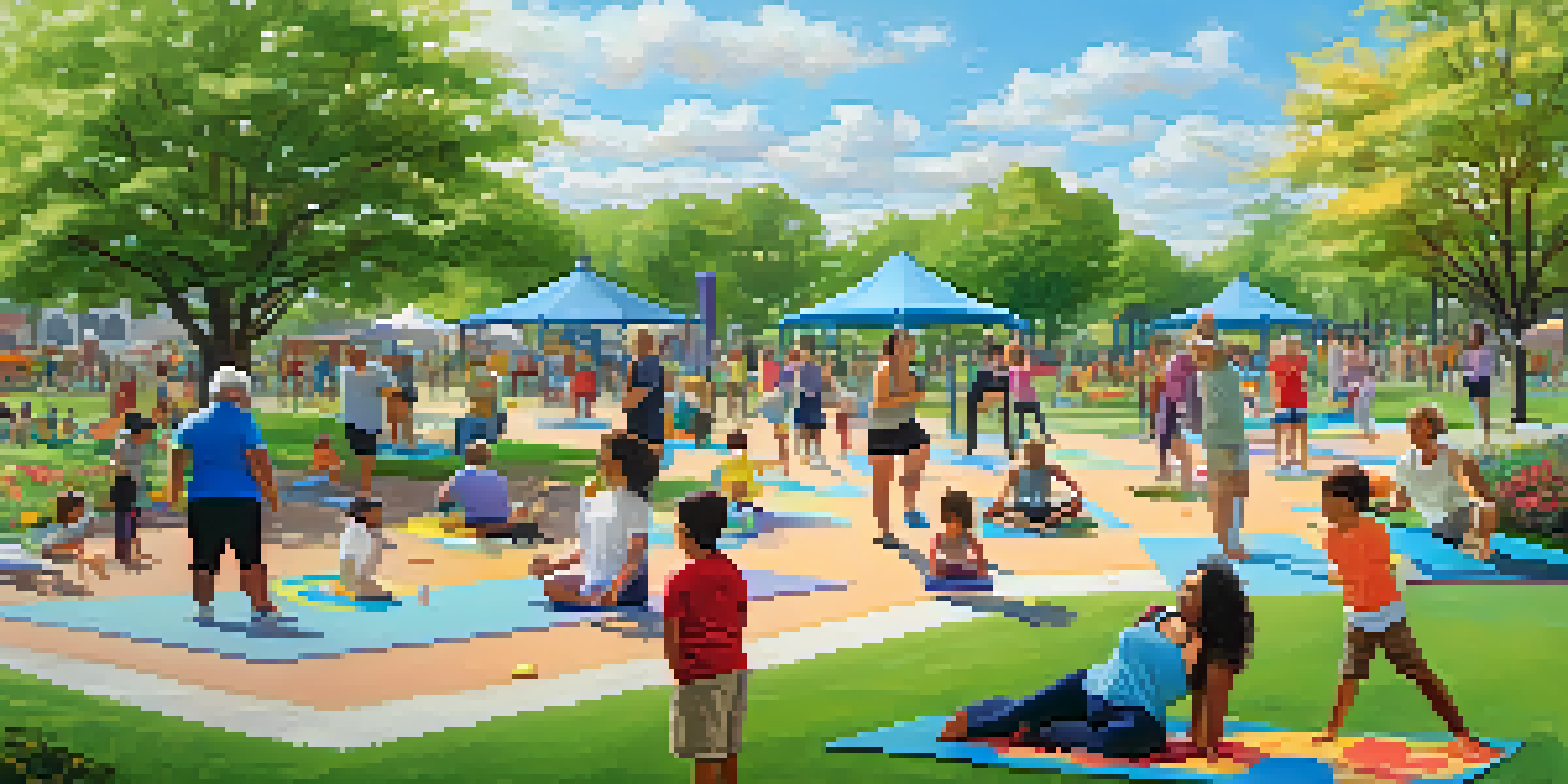 A lively community park with people of different ages participating in activities like yoga and jogging, surrounded by colorful flowers and trees under a sunny sky.
