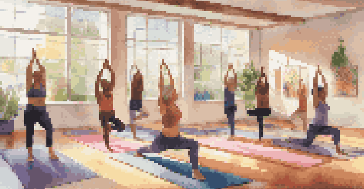 A diverse group of people practicing yoga in a bright and airy studio.
