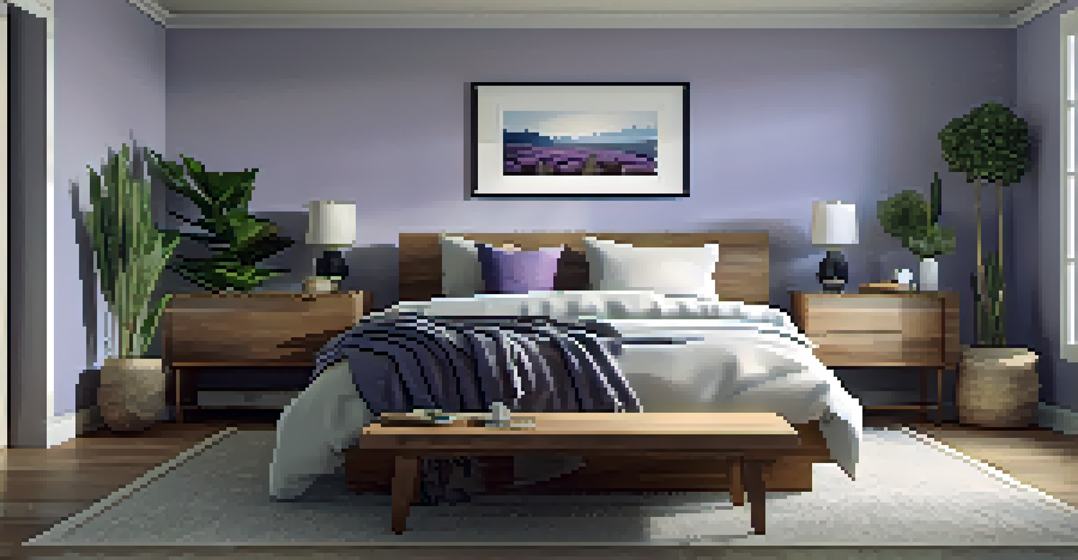 A cozy bedroom with soft lighting, natural linens on the bed, and a diffuser with lavender essential oil.