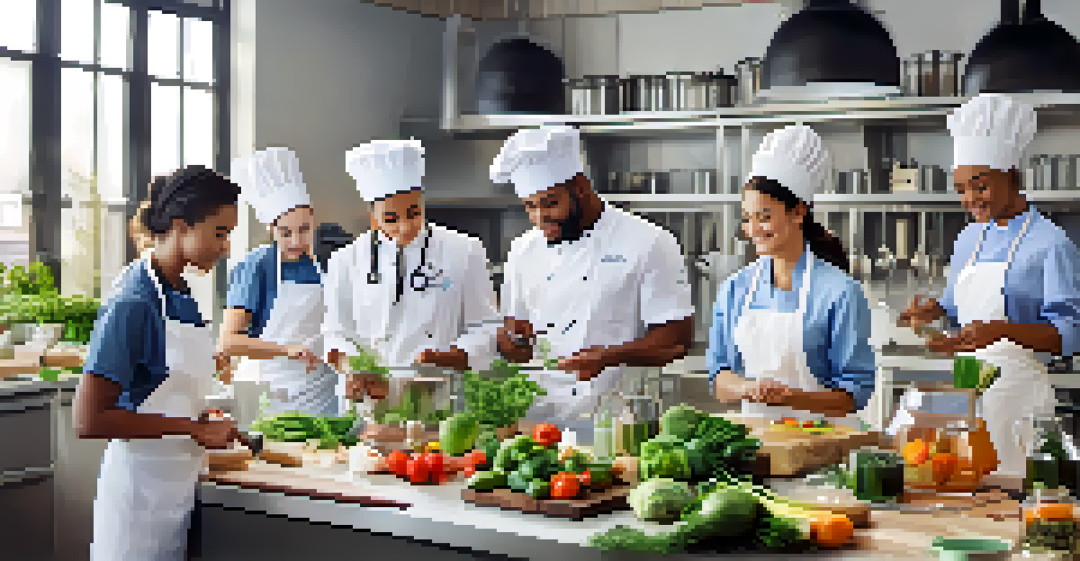 Medical students participating in a cooking class, preparing healthy meals together in a bright kitchen.