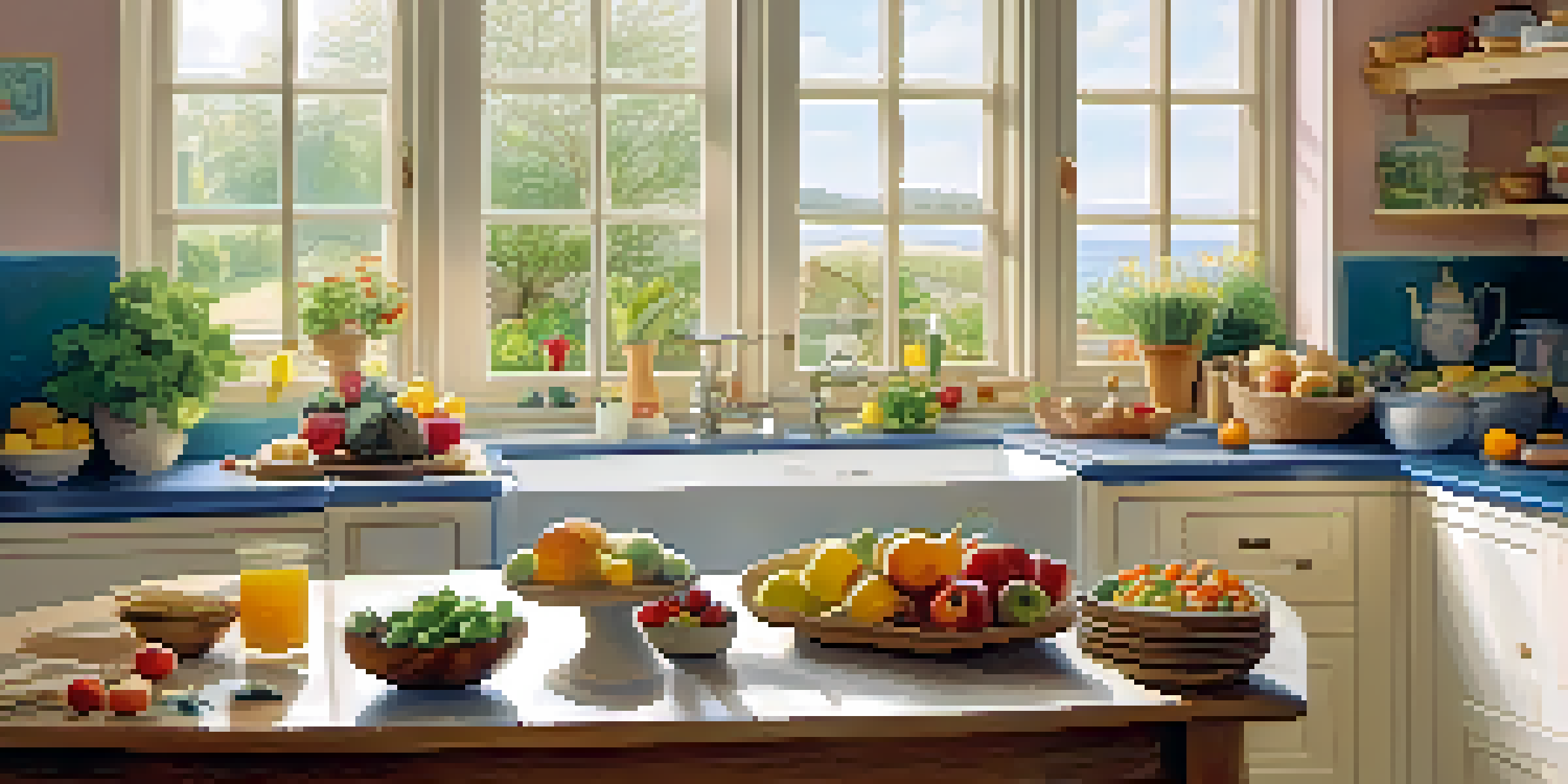 A cozy kitchen with a wooden dining table filled with healthy foods like fruits and vegetables, softly lit by sunlight.