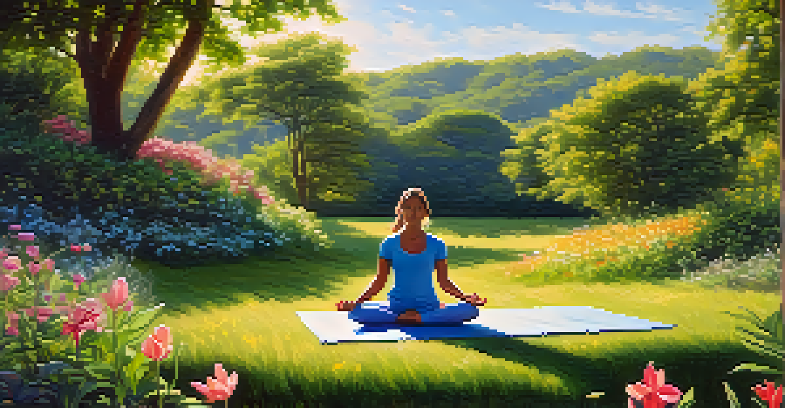 A person practicing yoga in a peaceful outdoor setting surrounded by greenery and colorful flowers under a clear blue sky.