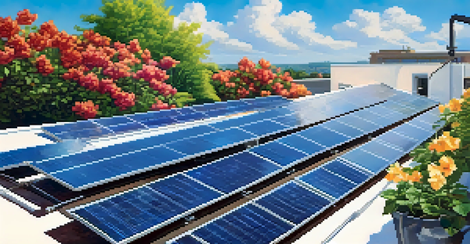 A rooftop with solar panels under a clear blue sky, surrounded by blooming flowers and greenery.