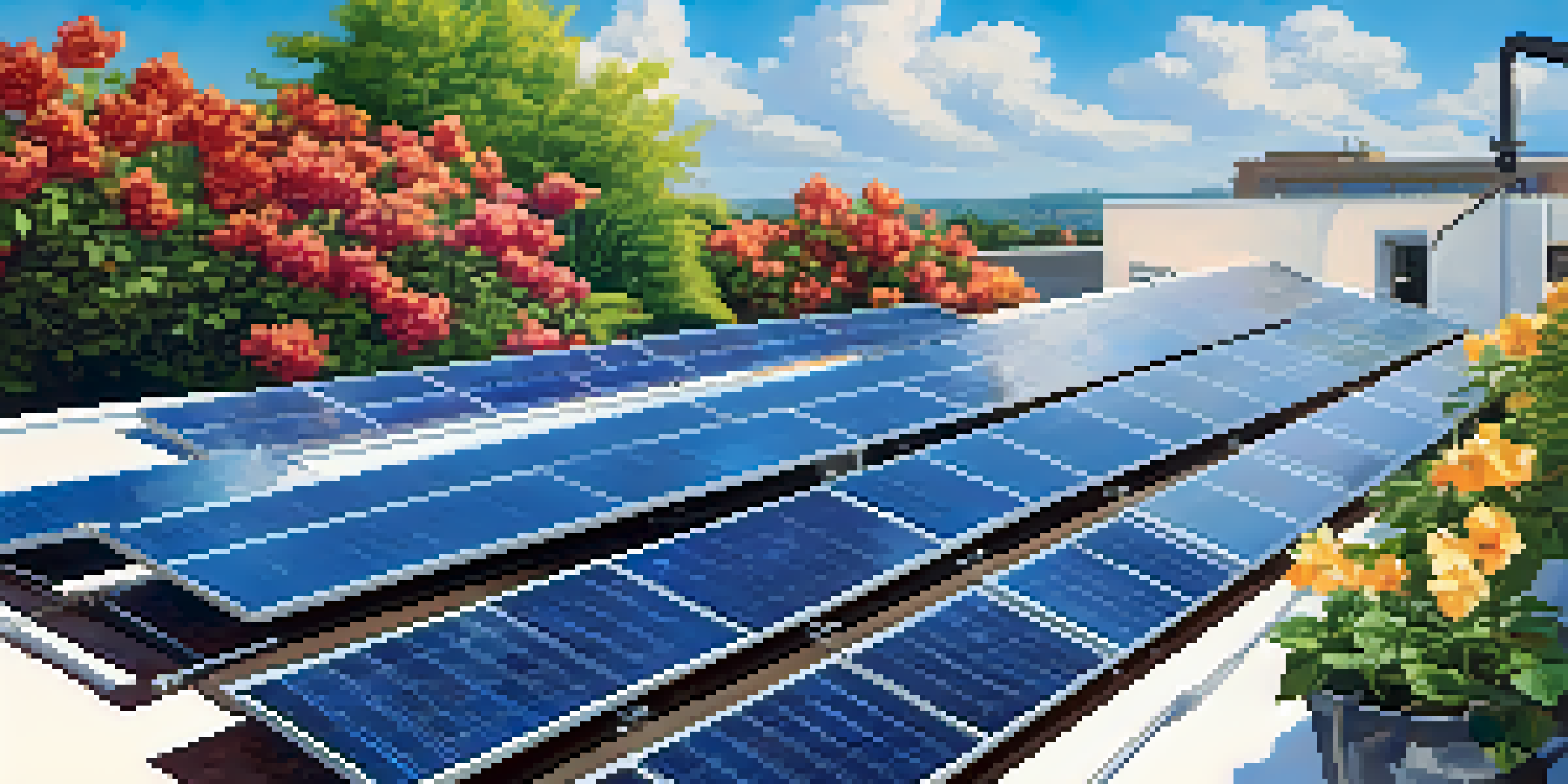 A rooftop with solar panels under a clear blue sky, surrounded by blooming flowers and greenery.