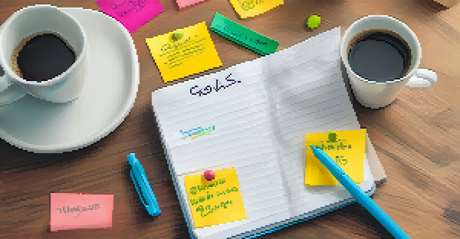 A close-up of a hand writing on a notepad titled 'Financial Goals', with colorful sticky notes and a coffee cup in the background.
