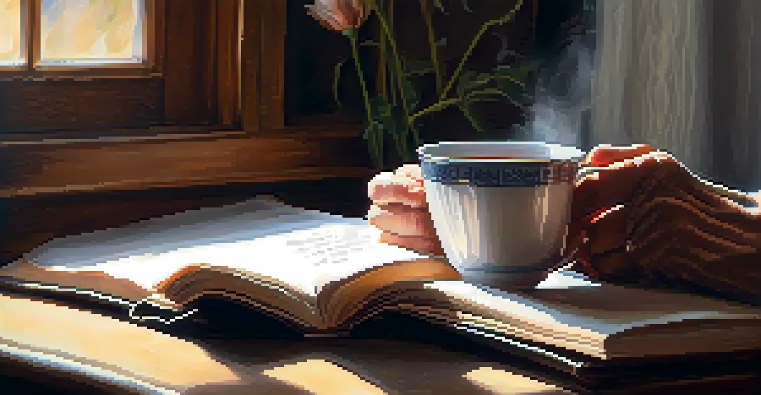 A close-up of a senior's hands holding a cup of herbal tea, with a book and blanket nearby in a cozy setting.