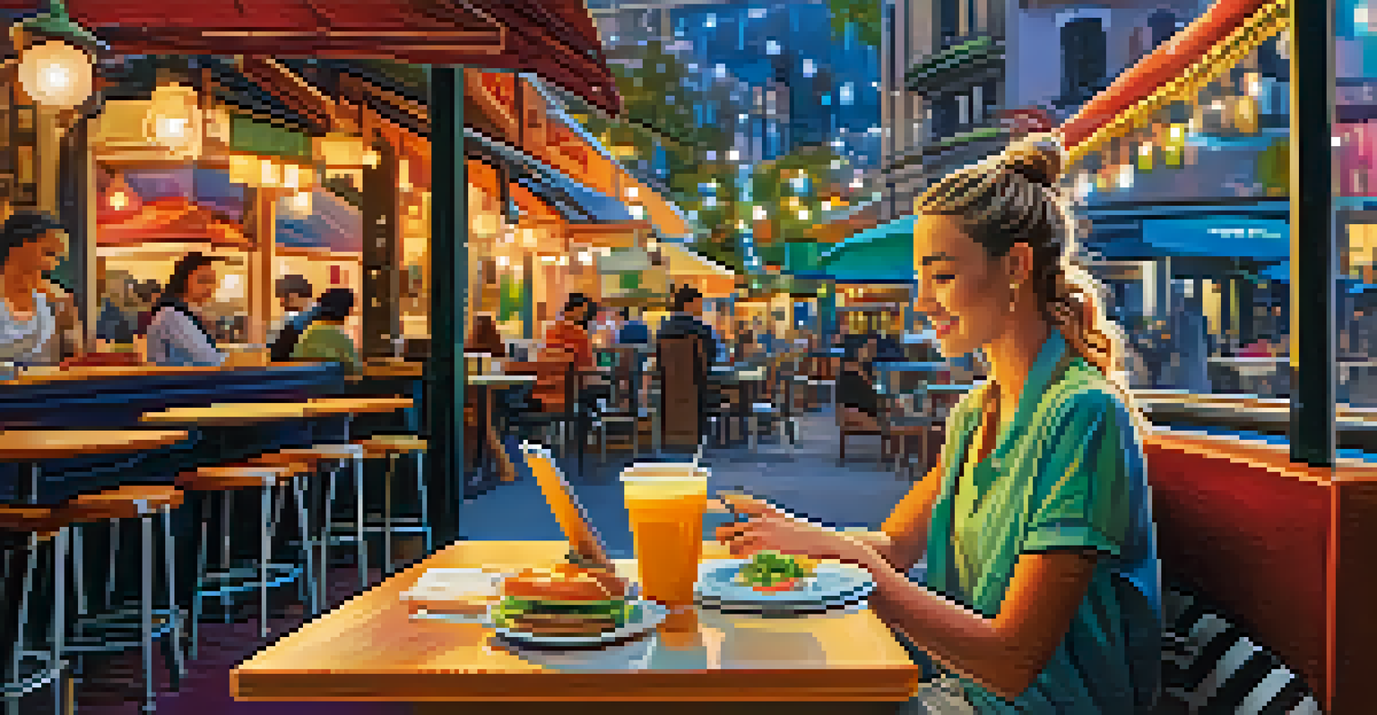 A traveler at a cafe, checking a dietary restriction app on a smartphone while looking at the menu in a colorful and vibrant setting.