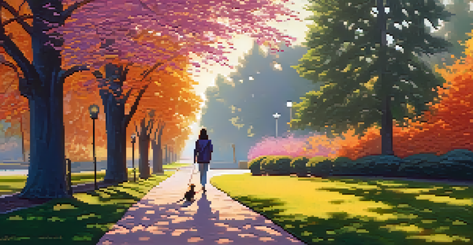 A peaceful park with tall trees and colorful flowers during sunset, featuring a person walking their dog along a winding path.
